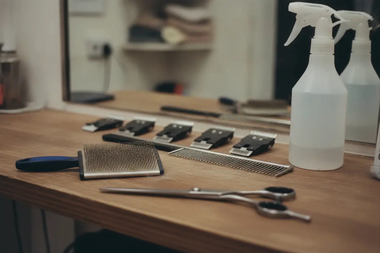 Grooming scissors, combs, brushes and clipper blades laid out on a salon worktop