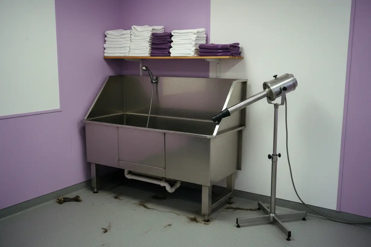 Stainless steel bathing tub with shower hose and folded towels in the grooming salon