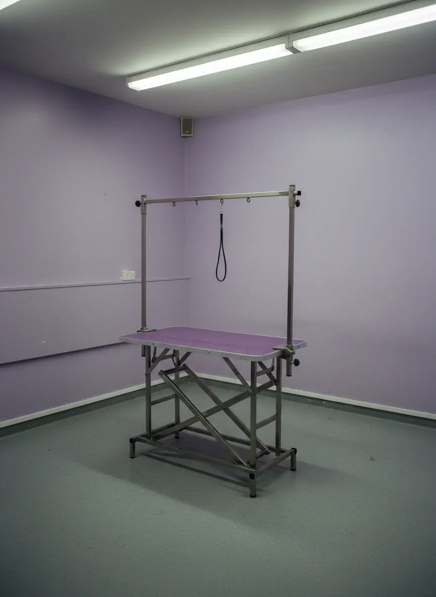 Stainless steel grooming table and hydraulic arm against the purple training-room wall