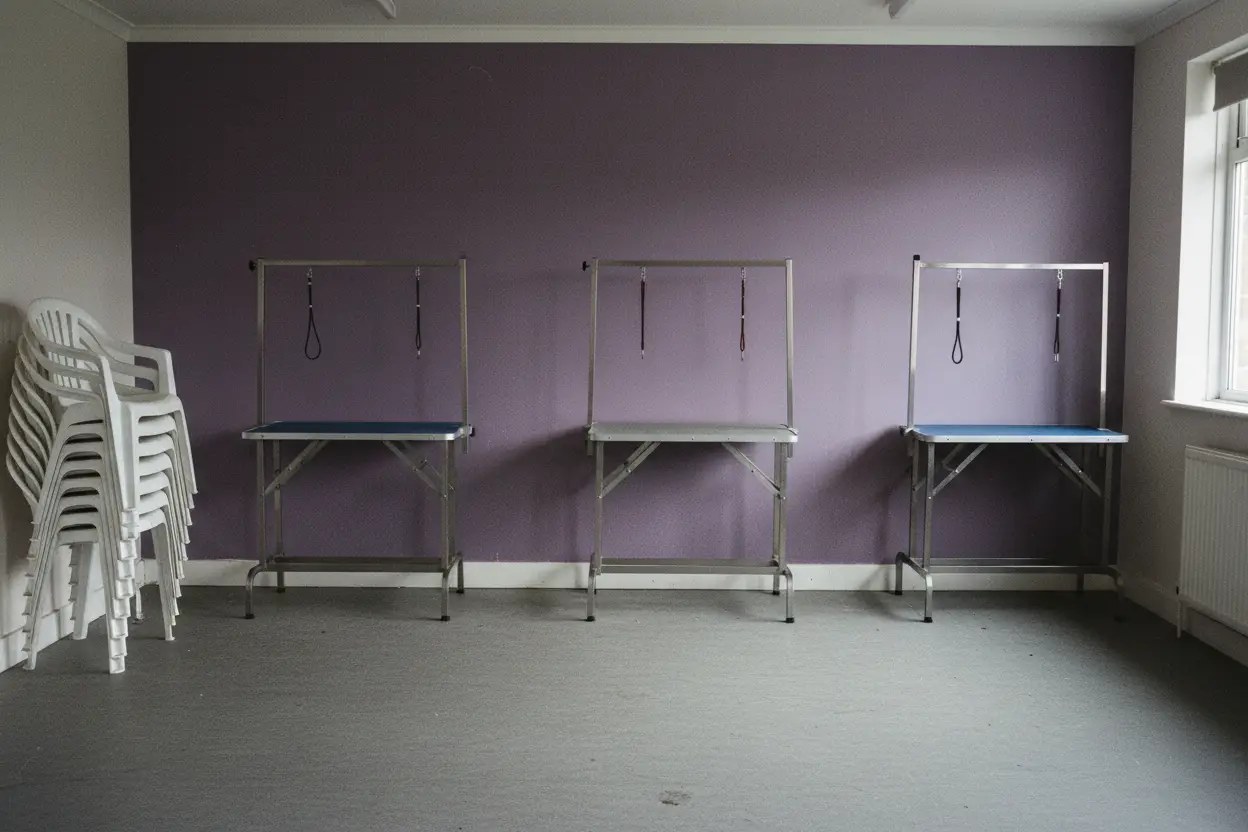 A row of empty grooming stations along the purple wall of the training room
